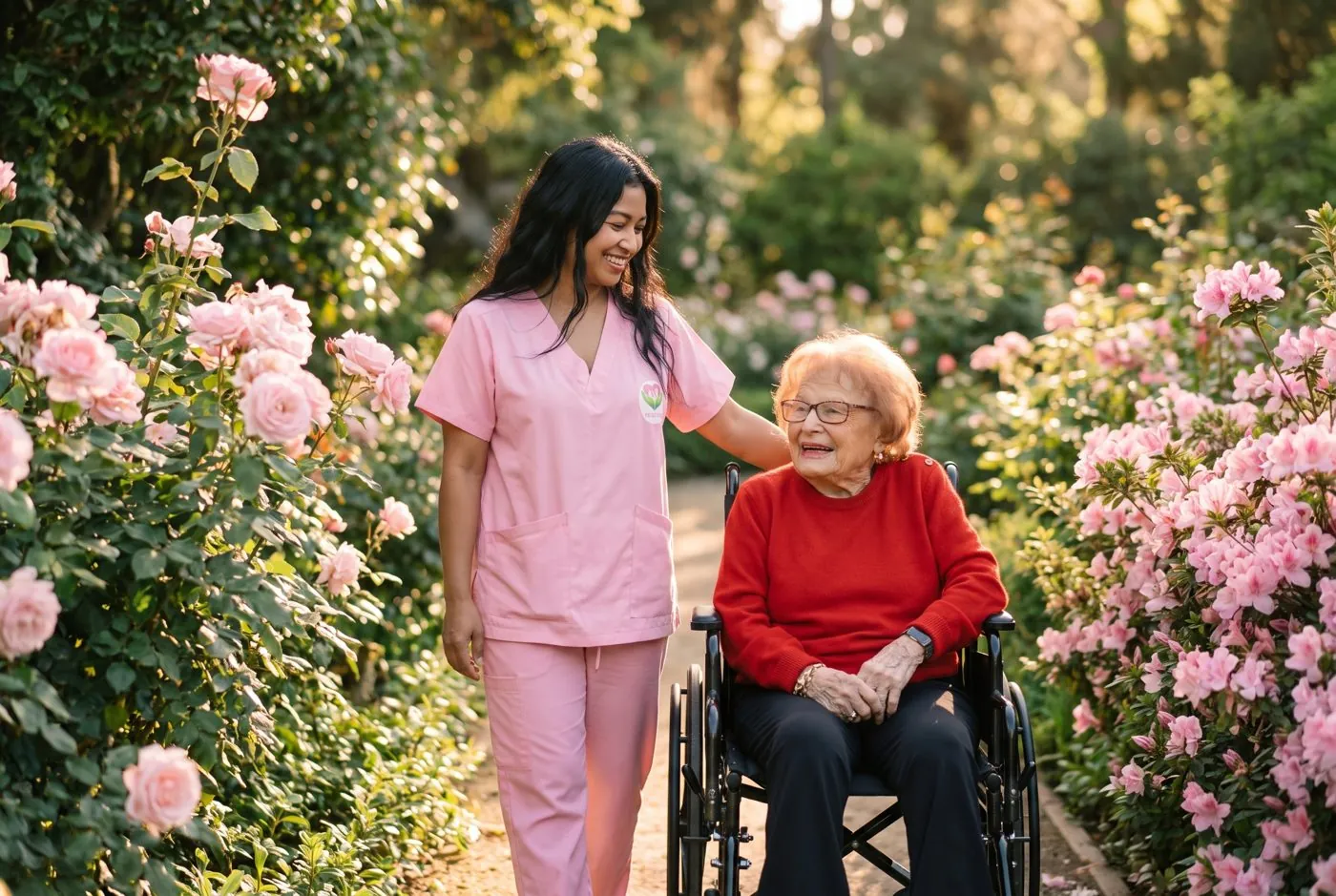 Lucky walking a senior client through a garden