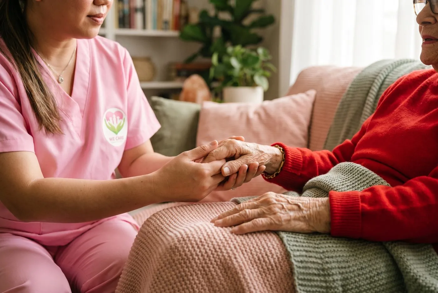Lucky gently holding a senior client's hands