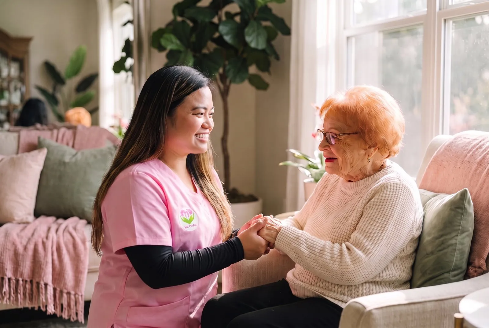 A WeCare caregiver holding hands with a senior client at home