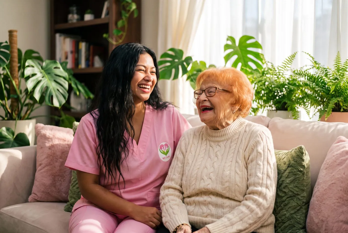 Lucky laughing with a senior client