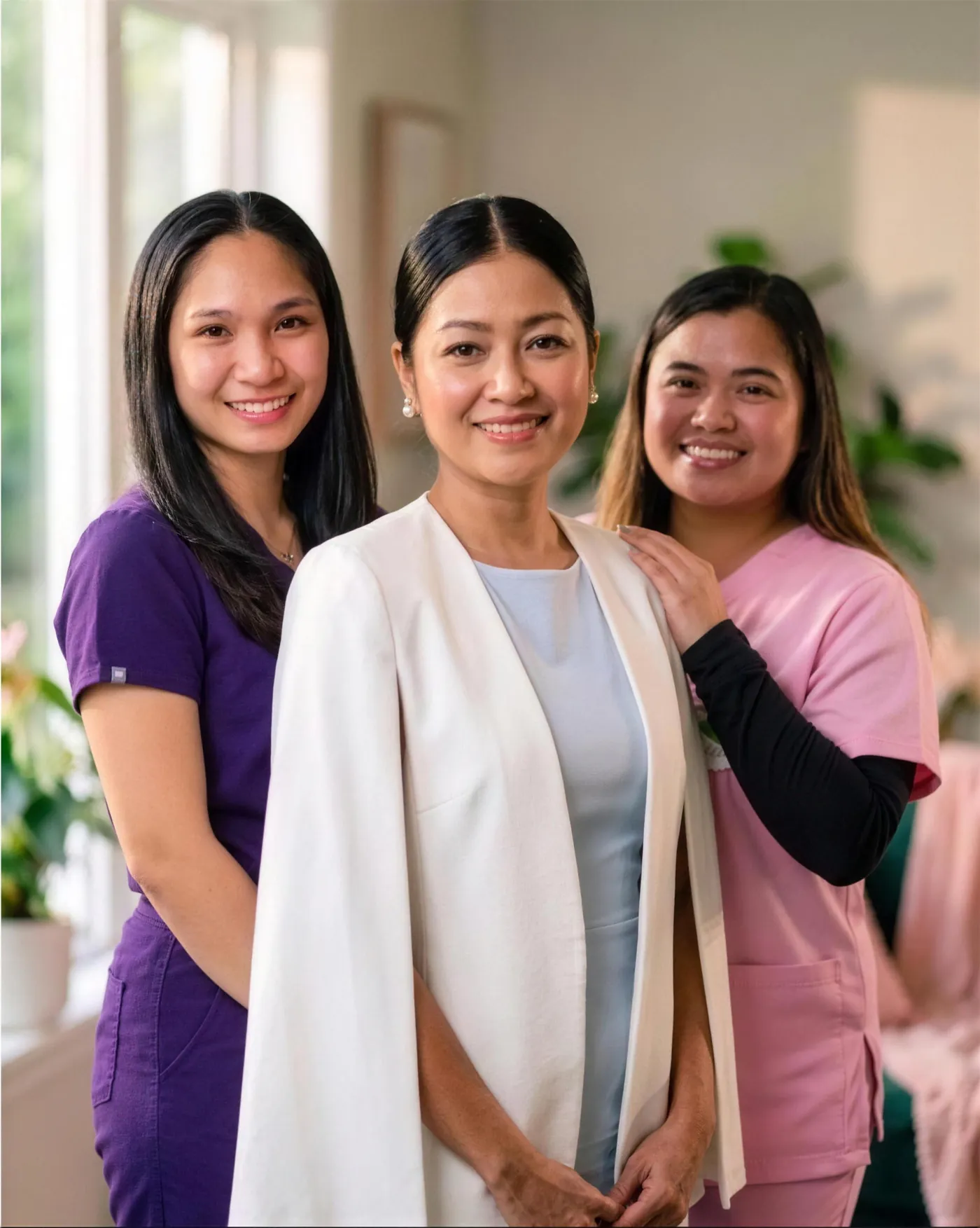 Lucky, founder of WeCare, with two of her caregivers